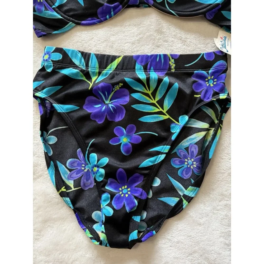 VTG NWT Catalina Floral Bikini Set Black Blue Tropical High Waist Size M/1X (XL)